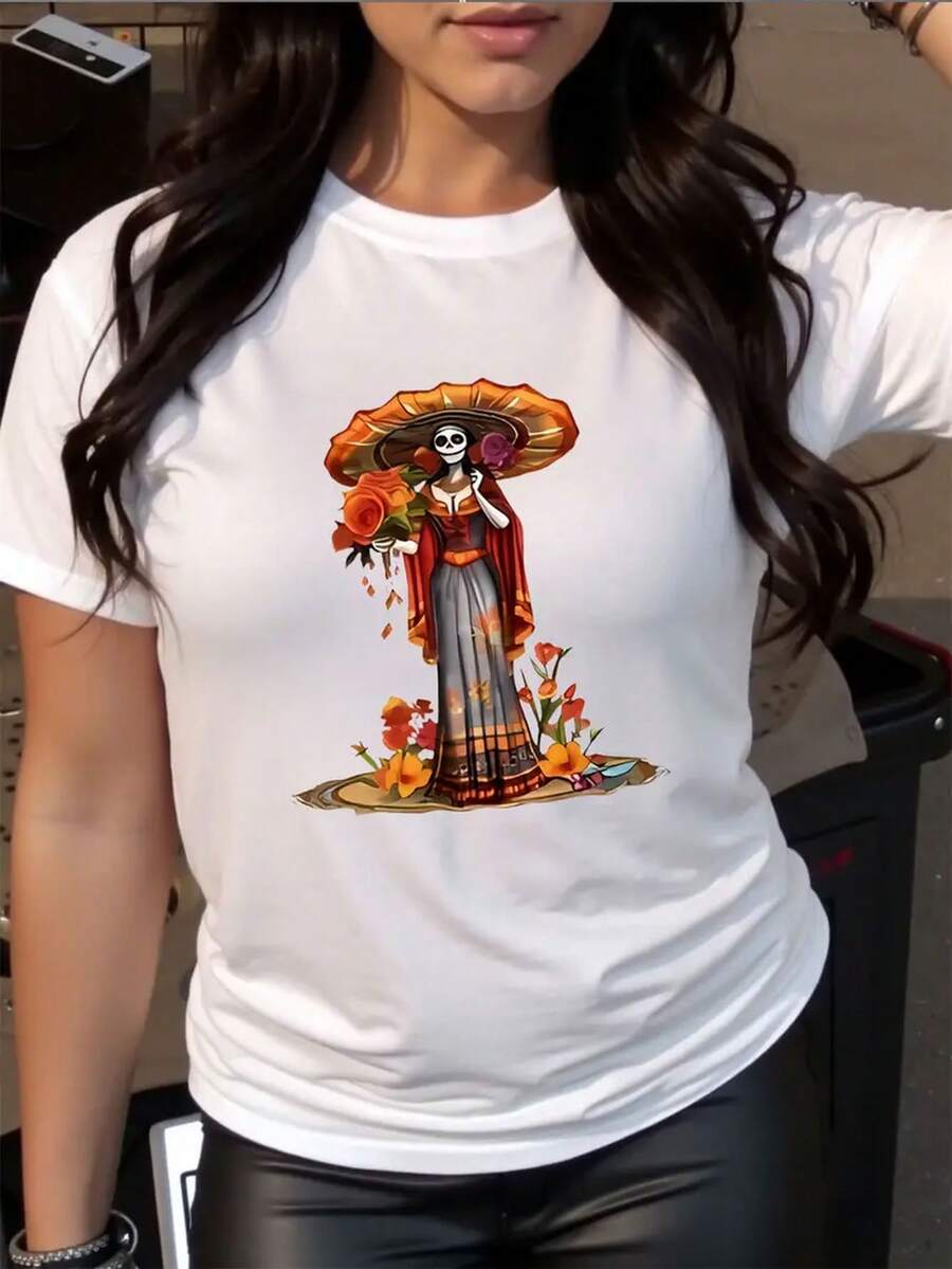 Camiseta de algodón deportes de ocio Skull and Flower Design Cuello redondo Comics Corto ajuste suelto de talla grande para mujeres transpirable y cómodo S-XL código para Semana Santa, Halloween, Acción de Gracias y más Mujer casual estampado Catrina suelto cuello redondo manga corta primavera verano para uso diario camiseta - Blanco - Ver 1