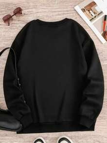 Crew Neck Sweatshirt, Plain Print, Winter Fashion, Old Money Unisex, Women's/Men's - 黑色 - 查看 2