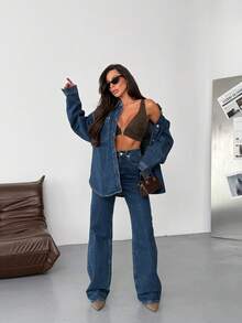 SQUALO Jeans de pierna ancha con detalles de bolsillo, estilo calle retro desgastado y desgarrado con pierna ancha y recortes