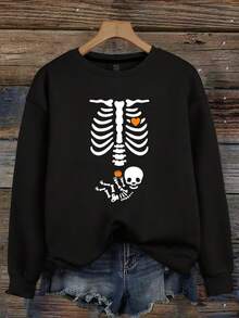 Women's Sweatshirt Print Skeleton Maternity Shirt, Halloween Pregnancy Shirt, Pregnant Skeleton Tee, Halloween Maternity Shirt, Funny Pregnant Shirt, Autumn   Women Top Graphic Tees Stylish Summer T-Shirt For Women Casual Designer Clothes Print Round Neck Short Sleeve - 黑色 - 查看 3