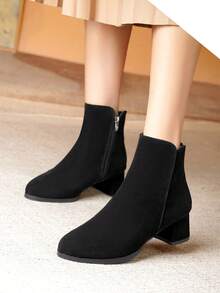 秋冬新款女式绒面短靴，红色中跟短筒百搭粗跟加大码保暖内衬踝靴 - 黑色 - 查看 3