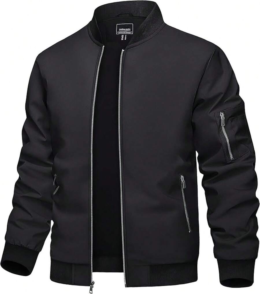 TACVASEN Chaqueta para hombre, ligera, informal, primavera, otoño, fina, con cremallera, bolsillos - Negro - Ver 1