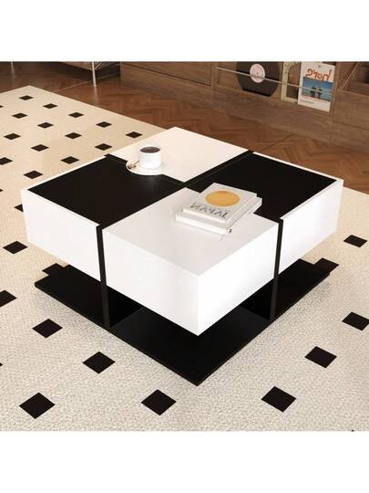 Moderne Coffee Tafel Zwart Wit 70*70*35.5 Drawers, Square Living Room Storage Space, High Gloss Zachte Drawer Rails view 8