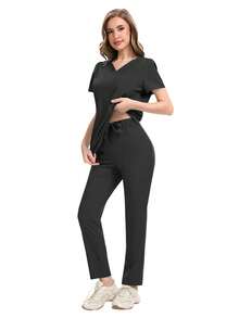 Nurse Uniforms V-Neck Top Pants Scrub Sets Surgical Workwear Dentist Nursing Suit Hospital Nurses Accessories Working Clothes - Black - View 2