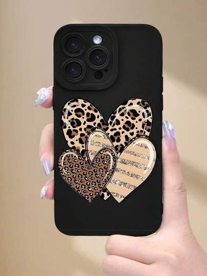 1pc Fashionable Leopard Print Heart Pattern 2D Graphic Creative High-End Minimalist Cartoon Portrait Style Suitable For Gifting To Elders, Friends, Family, Couples, Birthday, Festivals, Black Matte Soft Protective Case Compatible With IPhone 16/15/14/13/12/11/Pro/ProMax/X/XR/XS/XSMAX/7/8/PLUS And Models