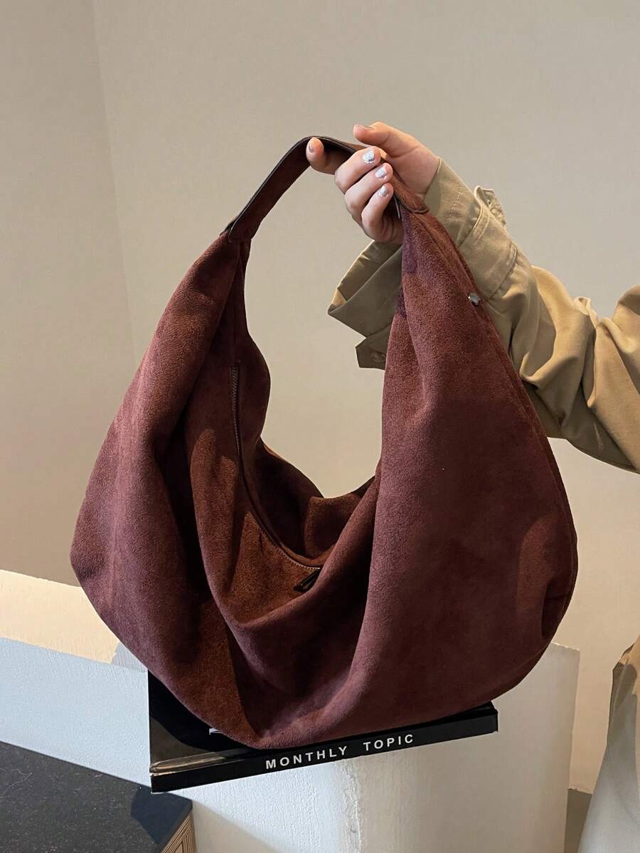 1 件大容量纯色绒面革托特包，女士休闲流浪包，时尚单肩腋下包，适合女性日常使用，秋冬热销女包，女士托特包，完美搭配秋季服装女士