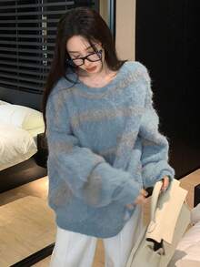 Suéter holgado de punto con hombros caídos y patrón de rayas aleatorio para mujer - Neblina azul - Ver 7