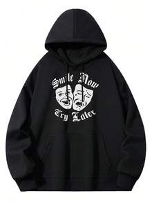 Men's Black Hoodie Sweatshirt With Smile Now Cry Later And Comedy/Tragedy Masks Graphic Print Casual Fashion Pullover - màu đen - Xem 4