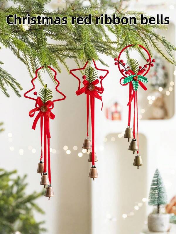 قطعة واحدة من جرس الشريط الأحمر للكريسماس، جرس الشريط المتقاطع لشجرة ، مستلزمات ديكور المشهد، زينة صغيرة معلقة لديكور شجرة ، ديكورات كريسماس إبداعية، مستلزمات ديكور الاحتفالات، ديكور المنزل، ديكور الغرفة، الشتاء