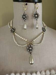 3 Piece Fashionable Floral Diamond Vintage Style Faux Pearl Women's Multi-Layer Beaded Necklace And Earrings Set - 彩色 - 查看 3