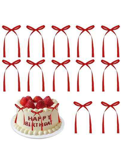 20pcs Red Ribbon Bow Cake Decoration, Simple Bow Decoration, Home Decoration Accessories, Suitable For Home Decoration, Weddings, Parties, Candlelight Dinners, Holiday Gift Decoration, Cake Dessert Baking Decoration,Christmas Decorations