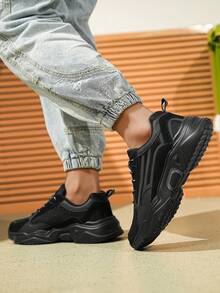 زوج من الحذاء الرياضي الكاجوال منخفض القمة للرجال، من الجلد الأسود والقماش العلوي، مزود بنعل سميك مُنفِّس، تصميم رباط، مريح وعصري، مناسب لجميع الفصول، أحذية زوجية/ضخمة - متعدد الألوان - مشاهدة 5