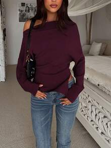 Áo len nữ kiểu dáng thanh lịch, sang trọng, tối giản, thoải mái với thiết kế vai bất đối xứng, thích hợp cho việc đi làm hàng ngày. - Màu Đỏ Sâu - Xem 6