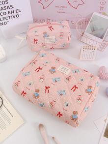 1 Piece Large Capacity Cosmetics Storage Bag Portable Travel Cosmetics Pouch Red Bow Pattern Makeup Bag Multi-Functional Make Up Bag Set Pink Travel Toiletry Bag For Girls Cute Cartoon Print Skincare Organizer Bag Foam Quilted Household Makeup Bag - Pink - View 7