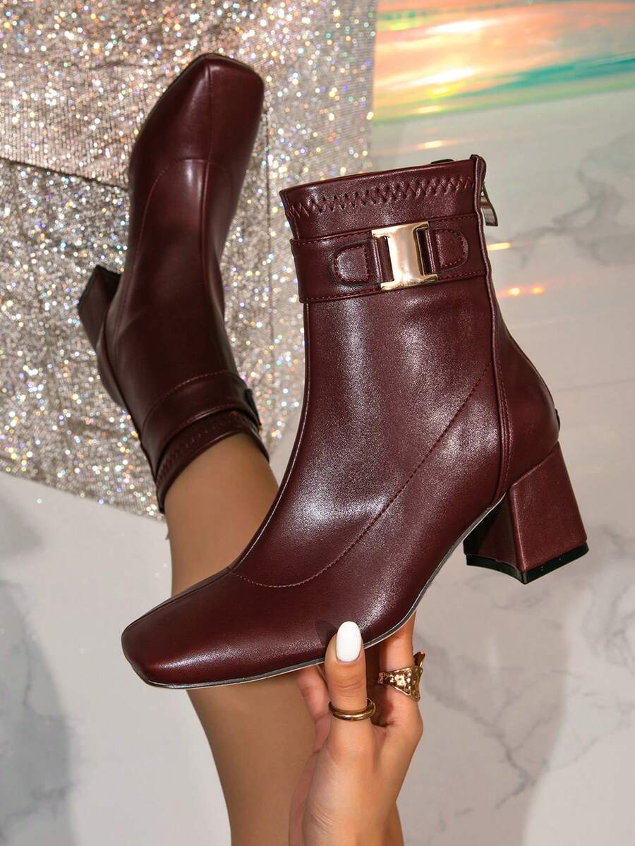 秋冬女士高跟方头中筒靴，酒红色英法风短踝靴修身靴，裸色粗跟简约百搭时尚靴，派对靴