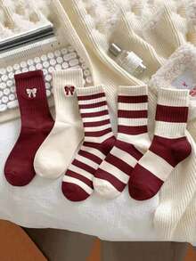 5 Pairs New Angola Red Socks, Breathable Moisture-Wicking Crew Socks For Men & Women, High-Quality Mid-Calf Socks, Mixed Delivery - Multicolor - View 1