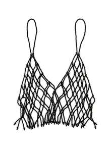 黑色简约设计可爱甜美珍珠吊带背心，百搭串珠吊带背心，打造休闲甜美风格，时尚珍珠身体链，女士服装 - 黑色 - 查看 4