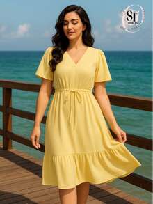 Women's Short Ruffle Dress Casual Duna Short Sleeve Midi Party Evangelical Fashion Elastic Waist. - 淡藍色 - 查看 4