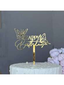 1 件/3 件/6 件金色蝴蝶花朵植物生日快乐蛋糕装饰生日女孩亚克力生日派对礼物甜点装饰 - 彩色 - 查看 16