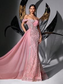 Women's Fairy-Style Pink Sequin Beaded Off-Shoulder High Slit Fishtail Evening Dress Wedding Spring - Pink - View 5