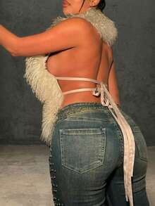 Women's Sexy Backless Faux Fur Vest Jacket With Deep V-Neck And Tie Back, Suitable For Autumn/Winter - Khaki - View 4