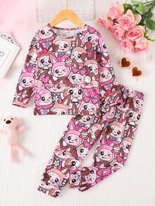 Pajama Set Young Girl Cute Cartoon Rabbit Print Girls Pyjama Set Casual Comfortable Round Neck Long Sleeve Home Clothes Two Pieces Set
