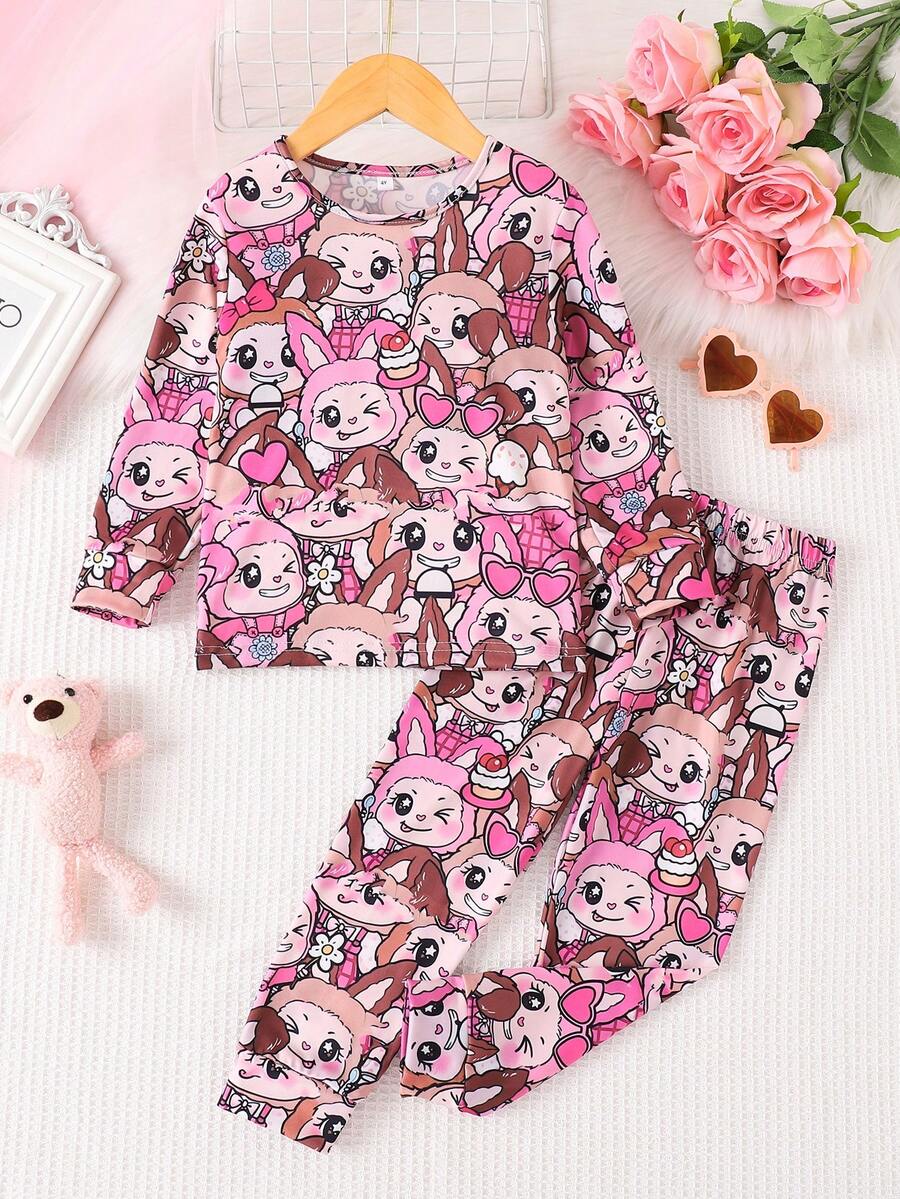 Pajama Set Young Girl Cute Cartoon Rabbit Print Girls Pyjama Set Casual Comfortable Round Neck Long Sleeve Home Clothes Two Pieces Set