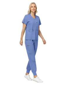 Pants Sets Short Sleeved Top Scrub Solid Color Surgical Gowns Hospital Accessories Manicurist Beautician Nursing Scrub Sets Women - Baby Blue - View 3