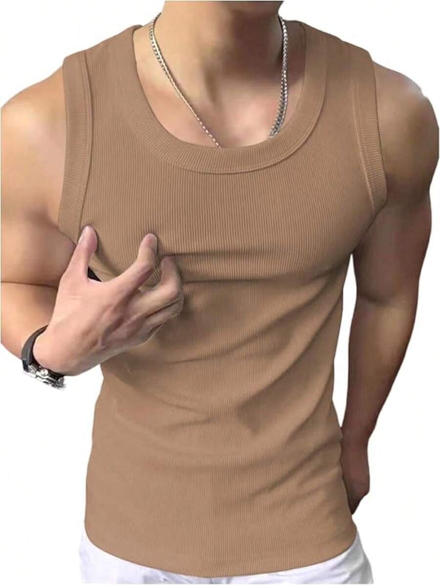 Men's Summer Tank Tops Sleeveless Undershirts Tank Basic Workout Gym Muscle Shirts-2025 - Màu Khaki - Xem 1