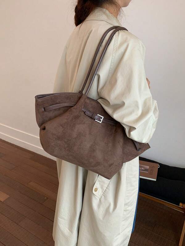 حقيبة يد نسائية من جلد البولي يوريثان والجلد المدبوغ للشتاء، سعة كبيرة، مزينة بالأشرطة، أنيقة للتنقل والشارع