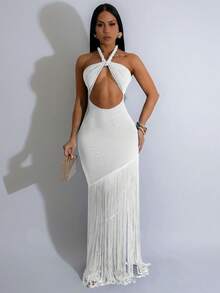 Vestido de cóctel de unicolor, sexy, con abertura y flecos en el bajo para mujer