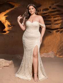 Faeriesty Đầm dạ hội đuôi cá sang trọng đính cườm, kiểu dáng trễ vai, cổ áo hình trái tim – họa tiết đính cườm lượn sóng, hoàn hảo cho tiệc cưới sang trọng và các buổi dạ tiệc cao cấp, trang trọng và thanh lịch. - Rượu sâm banh - Xem 4