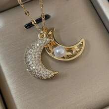 Double-Layered Moon Pendant Necklace With Imitation & Sparkling Synthetic Zirconia - Cute Minimalist Jewelry For Women, Versatile For Parties, Daily Wear & Special Occasions, Moon Necklace, Party Accessory, Elegant Accessory, Goldplated Jewelry