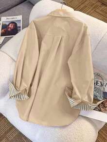 Women's Casual Striped Patchwork Contrast Color Shirt: Classic Lapel Collar, Single Side Pocket Accent | Skin-Friendly Fabric, Unrestricted Wear | Khaki Tone, Sophisticated Yet Casual | Suitable For Daily Commute/Casual Outing/Office/Home/Cafe Gathering/Campus And More - Khaki - View 4