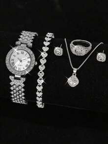 6PCS Ladies' Fashionable And Elegant Quartz Watch Set, High Luxury Full Diamond Round Roman Literal Watch, Paired With Diamond Studded Bracelet Jewelry Set, Suitable For Business, Daily And Party Wear, The Best Gift Set For Ladies.