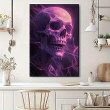 1 pieza Póster de arte de pared con cráneo gótico místico morado - Impresión en lienzo con marco de madera de tonos violeta y morado profundo, decoración gótica moderna para sala de estar, baño, regalos de Halloween y días festivos - Pintura contemporánea de cráneo etéreo, instalación de gancho fácil, decoración, diseño geométrico, obra de arte, decoración de dormitorio y accesorios, decoración del hogar y accesorios, decoración de pared, 2D plano, enmarcado, lienzo envuelto, pintura decorativa lista para colgar