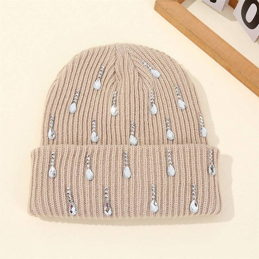 Knit Rhinestone Embellished Hat For Women, Winter Warm Beanies Cap For Outdoor Shopping, Dating, Ski - Màu Khaki - Xem 1