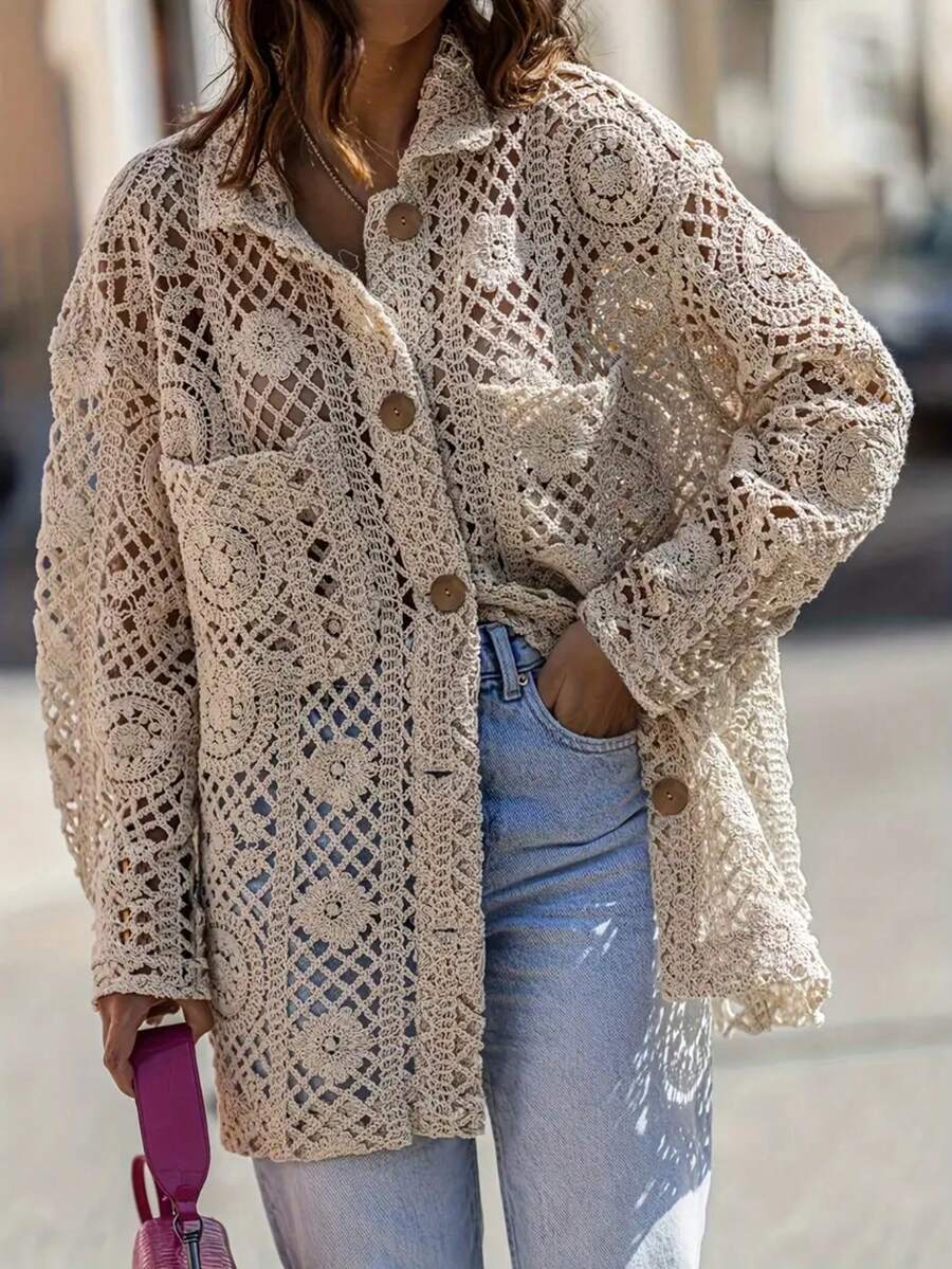 Oversized Loose Knit Crochet Hollow Out Cardigan Sweater For Women, French Style - Beige - View 1