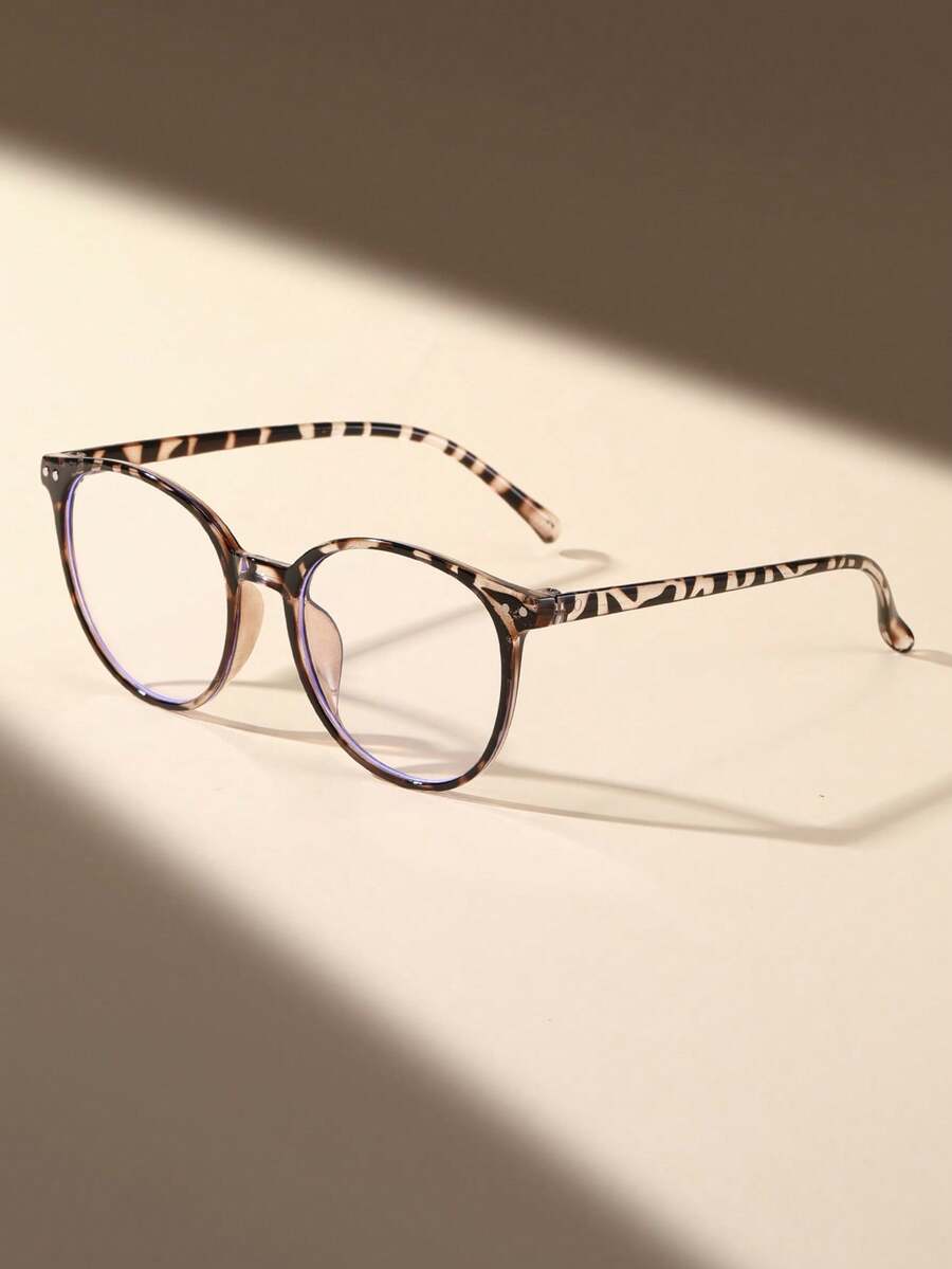 1 Pair Unisex Leopard Print Round Small Frame Blue Light Blocking Clear Lens Glasses, Simple & Fashionable, Suitable For All Face Shapes, Daily Office Reading, Street Photography Accessory - 白豹紋平 - 查看 1