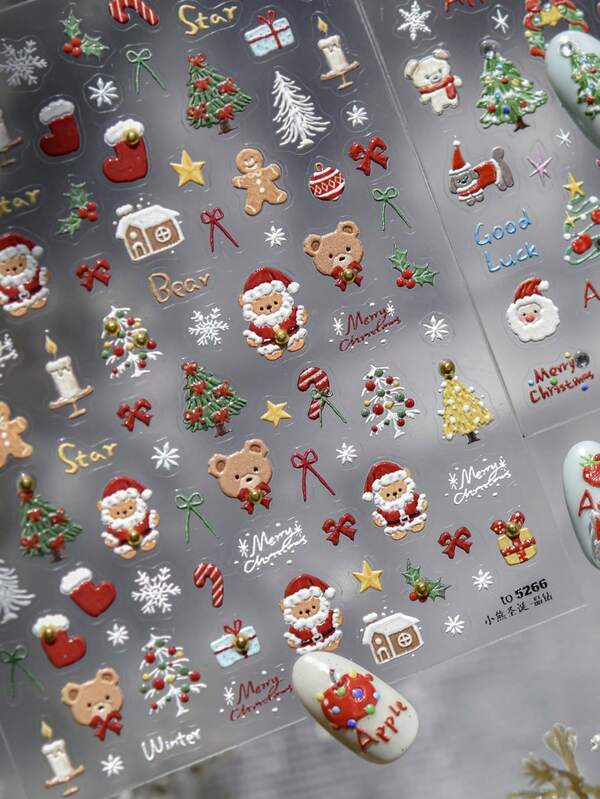 1pc Cute Little Bear Christmas Theme 5D Nail Stickers Santa Claus Snowman Festive Candle Elegant Bow Shiny Star Gift Box Designs For Holiday Winter Nail Art Decoration