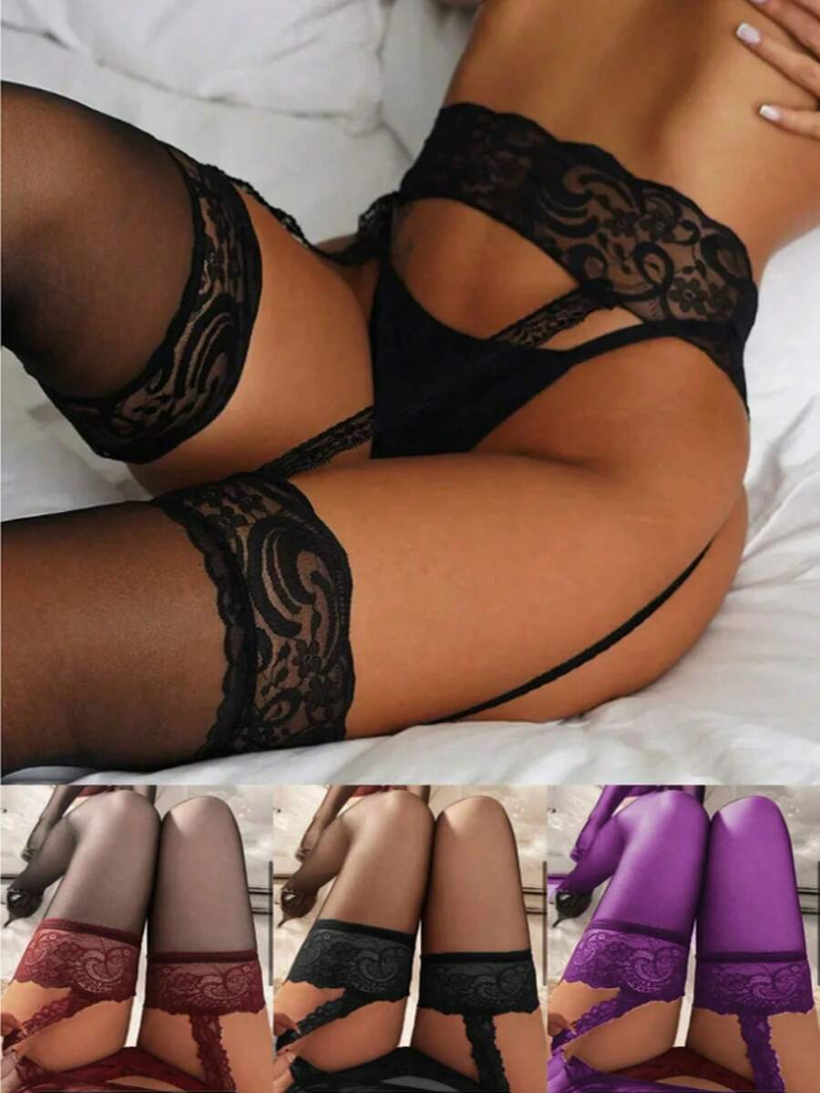 1 件女士性感内衣长袜花卉蕾丝过膝高大腿弹力吊袜带连裤袜适合约会之夜、浪漫亲密时刻派对装 - 彩色 - 查看 1