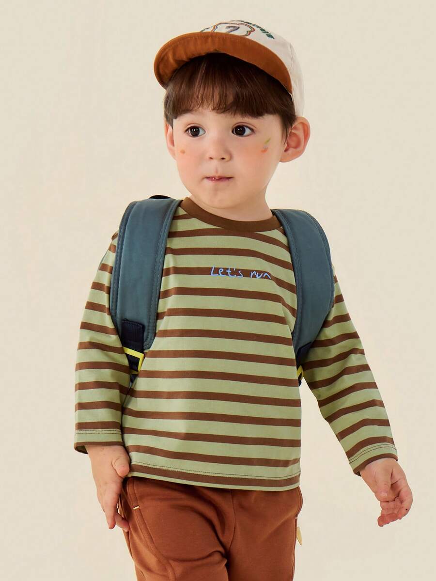 mini bala Kids Printed Cotton Long Sleeve Tee Soft Breathable Comfortable Fall Top - Green Coffee Color - View 1