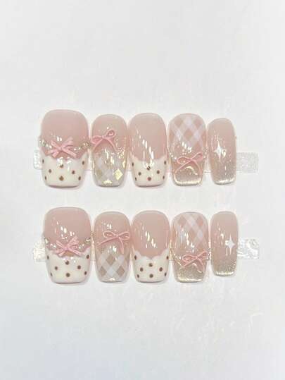 10pcs Pure Handmade Press On Nails Mid-Length Square Nail Pink And White Nails Stroble Flash Pain Gentle Cute Sweetend Pain Women And Gril,Spring Summer Fall Winter,Holiday And Dailys Life Use