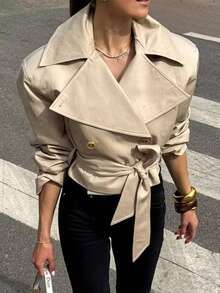 Chaqueta de mujer de primavera y otoño con cuello de solapa, manga larga, un solo botón y cinturón, estilo de calle - Caqui - Ver 10