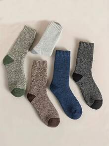 5双装纯色加厚中筒袜，男女通用，保暖舒适，适合日常穿着，秋冬季日常出行、徒步旅行等。圣诞礼物 - 彩色 - 查看 3