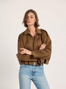 Faux Suede Lapel Loose Fit Flight Jacket - Coffee Brown - View 3