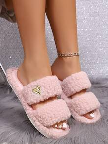 Pantuflas abiertas de plumón con decoración de corazón minimalista y elegante, suela suave y cómoda, ligera, adecuada para sala de estar y dormitorio, para todas las estaciones - Rosa - Ver 8