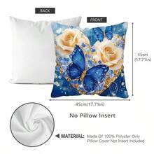 TOPSSCTR 4 Stücke, 2D Flach Digital Bedruckte Elegante Blumen & Schmetterling Dekorative Kissenbezüge - Einseitig Blau & Golden Blumen Bedrucktes Design, Weicher Polyesterstoff, 45x45 cm Quadratisch mit Reißverschluss, Maschinenwaschbar für Sofa, Schlafzimmer, Wohnzimmer Dekoration, Schlafzimmer Accessoires, Leuchtende Kissenbezüge