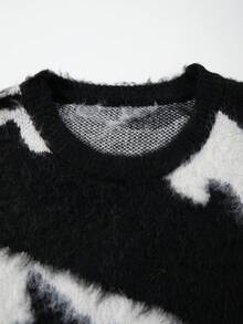 男士休闲宽松复古条纹套头毛衣，简约黑白配色，街头风，秋冬款，长袖上衣 - 黑色 - 查看 4