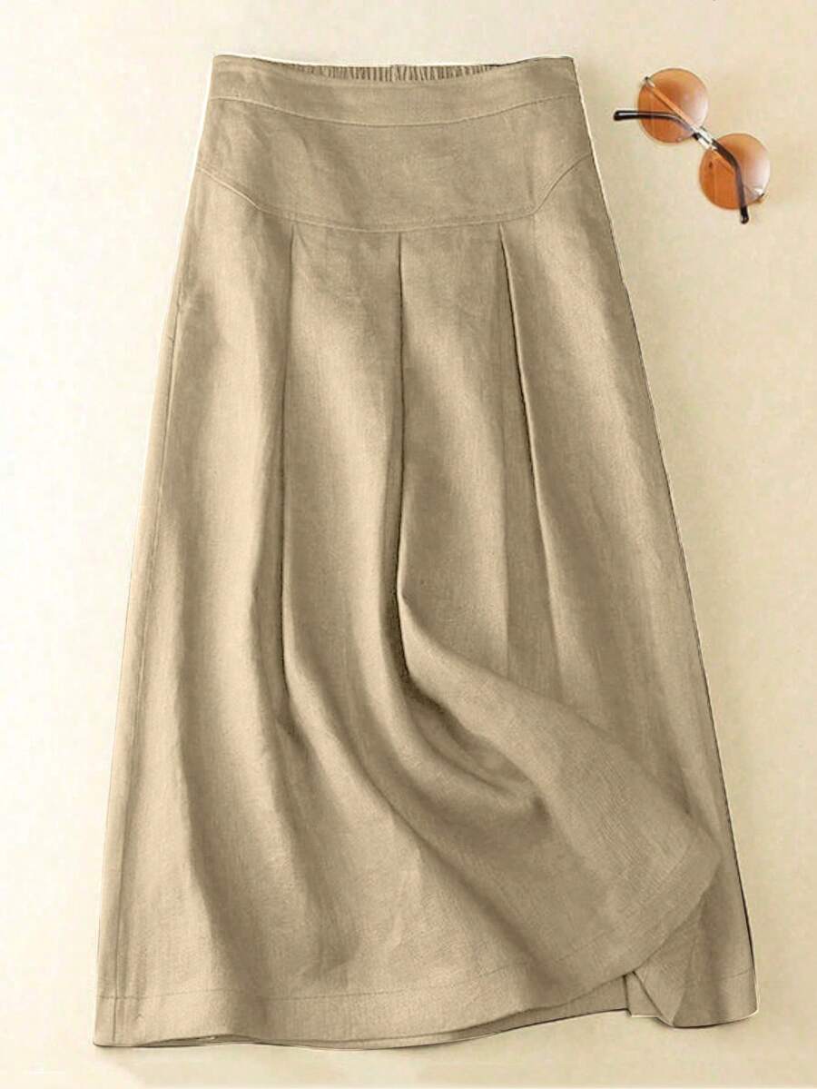 女士纯色百褶休闲通勤半身裙 春季款 - 杏色 - 查看 1